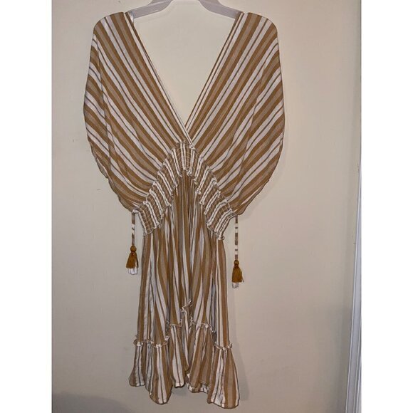 Blue Island Swim Beach Coverup Tan and White Striped Dress Size M - Picture 1 of 8